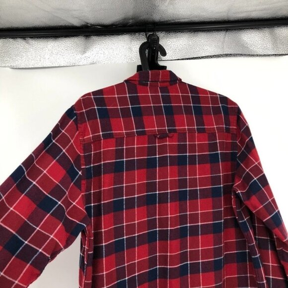 Simons le 31 red navy button down plaid flannel semi fit long sleeve Med - Picture 4 of 14